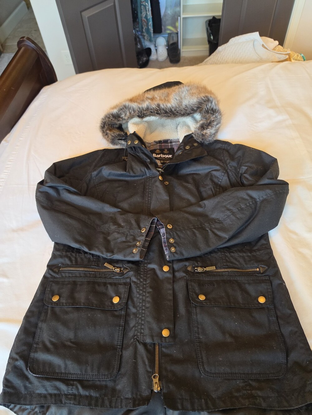 Barbour Black Hooded Parka with Faux Fur Trim